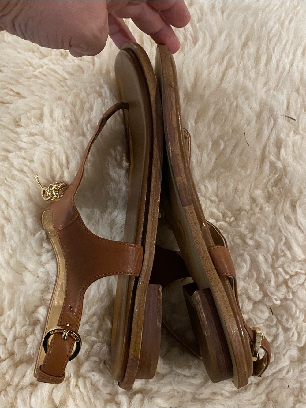 Michael Kors Cognac Leather T-Strap Sandals with Gold MK Charms - Picture 8 of 9